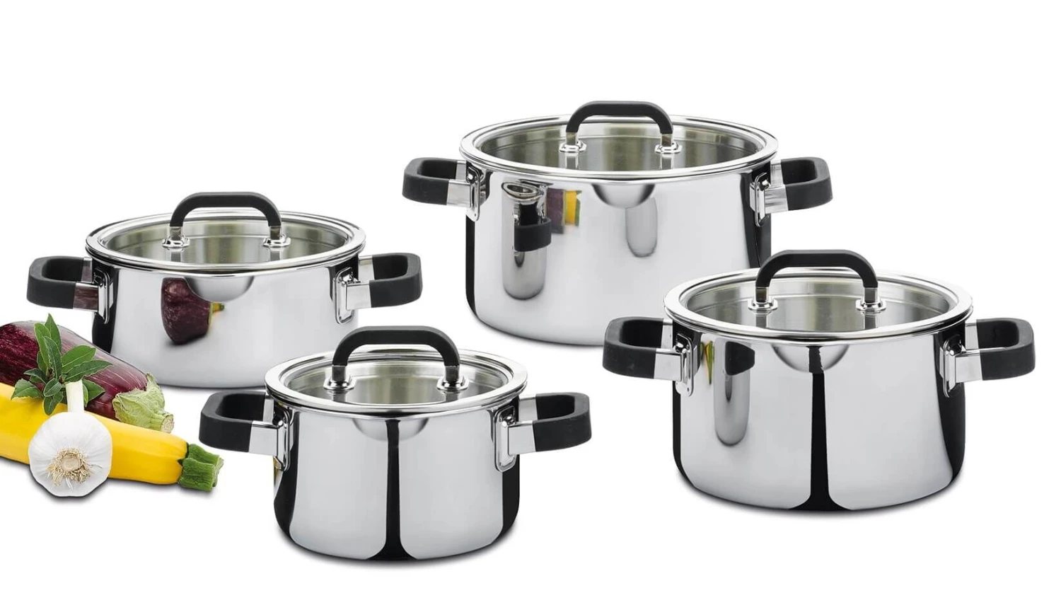 Spring Fusion2+ Pannenset Met Glasdeksels Rvs 4-delig 1 Spring Fusion2+ Pannenset Met Glasdeksels Rvs 4-delig